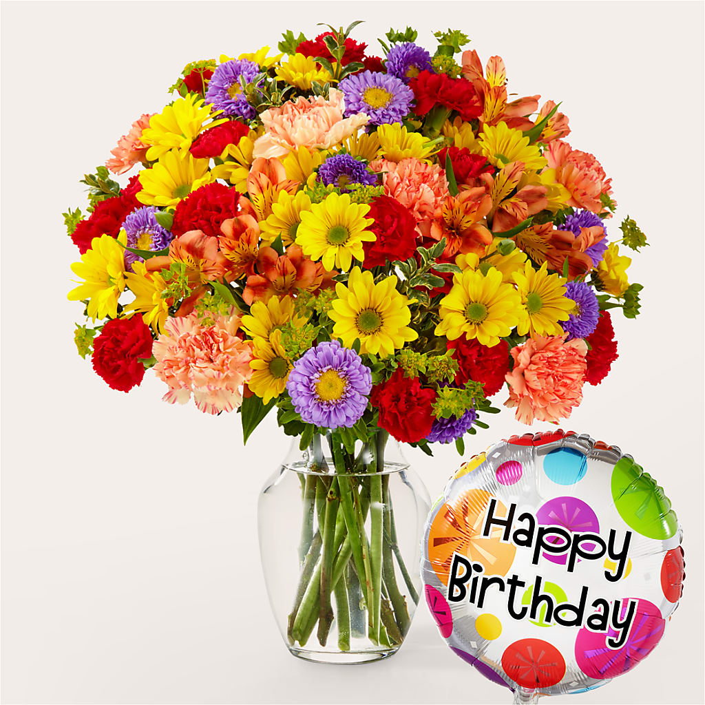 Kaleidoscope Bouquet with Birthday Balloon – Mountain Florist, Clintwood VA
