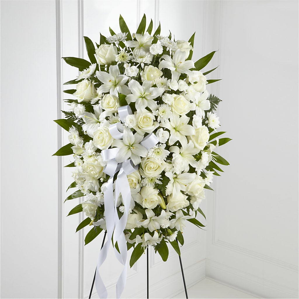 Exquisite Tribute Standing Spray-White Ribbon – Mountain Florist, Clintwood VA