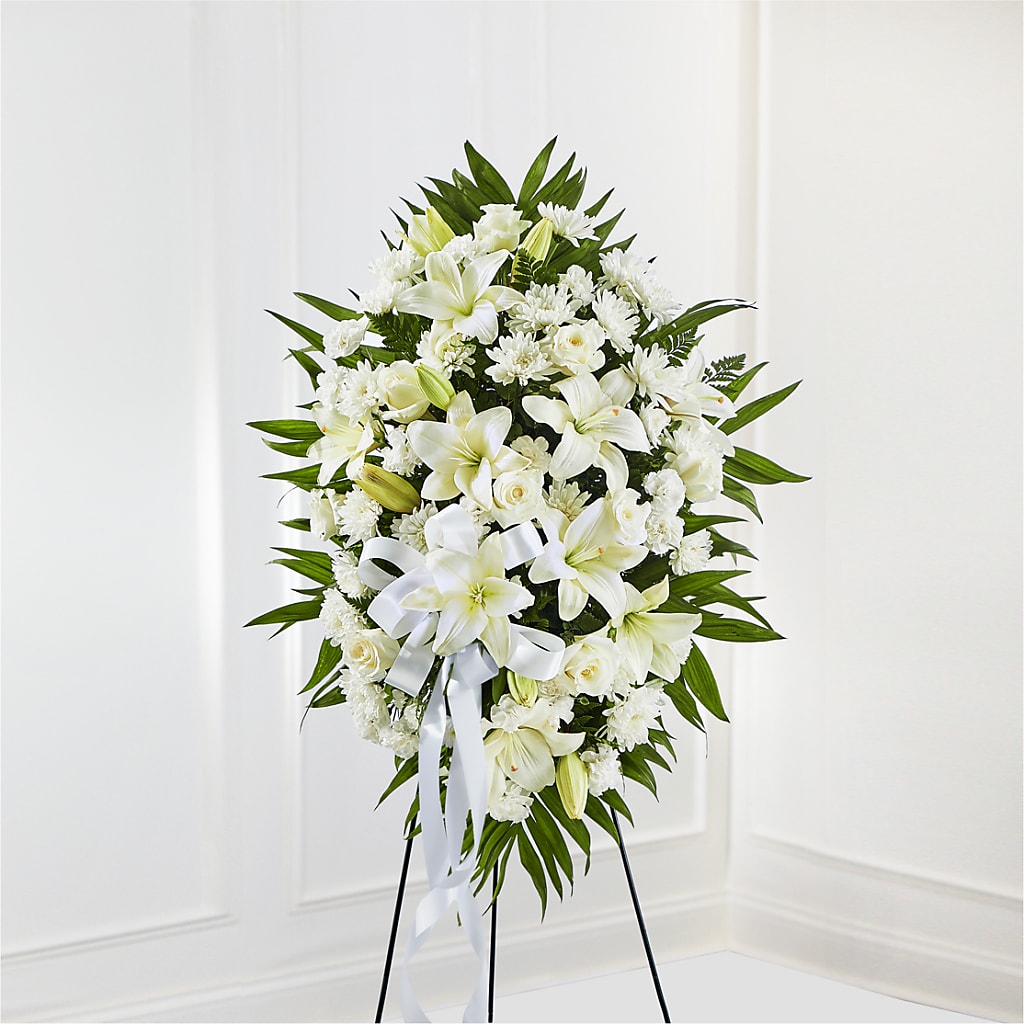 Exquisite Tribute Standing Spray-White Ribbon – Mountain Florist, Clintwood VA
